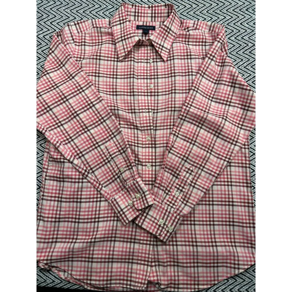 Lands End Womens Long Sleeve Pink Plaid Button-Up Shirt M Classic Fit Cotton/Pol